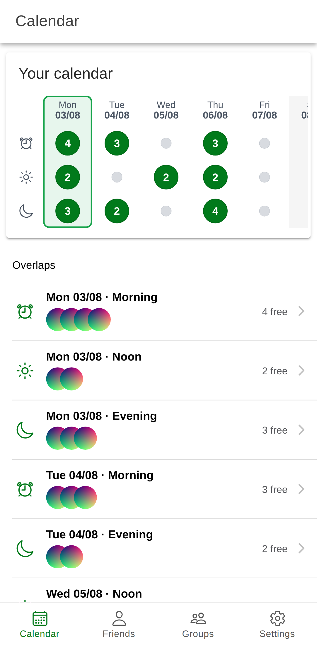 FriendsApp Calendar with friend overlaps